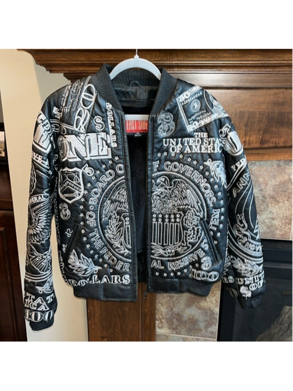 black leather lined bomber jacket embroidered money hiphop street big kids 2XL - Picture 2 of 16
